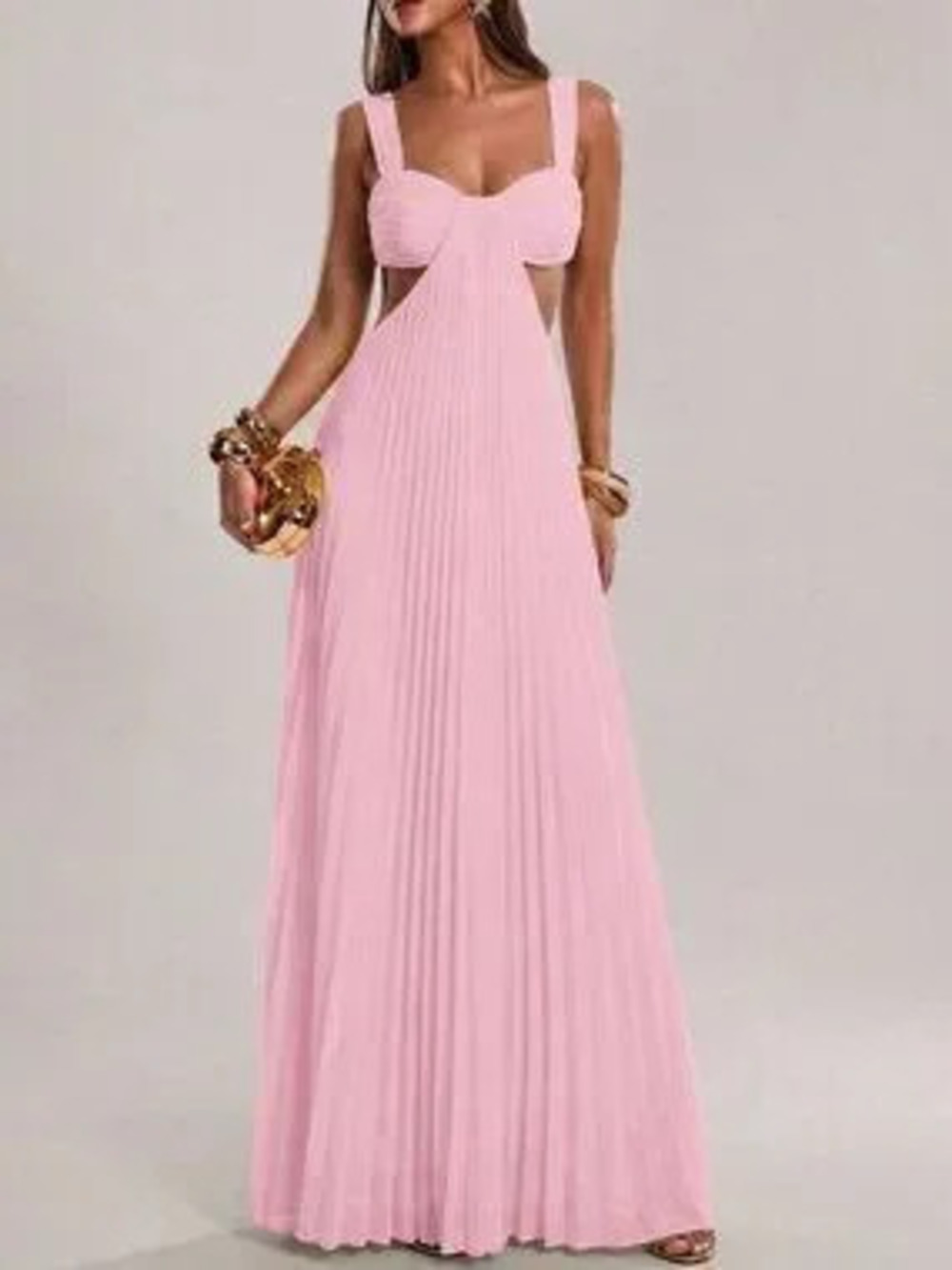 ZARA Baby Pink Women's Hollow-Out Pleated A-Line maxi Dress